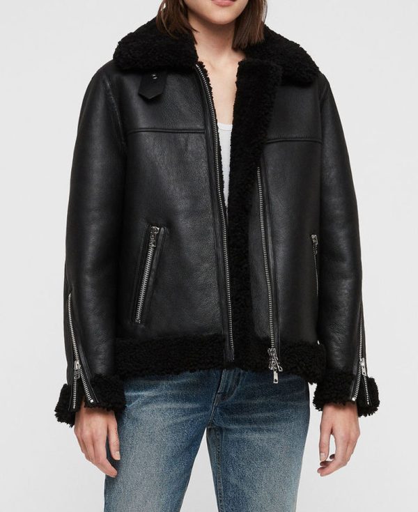 Women's Shearling Bomber Black Leather Jacket